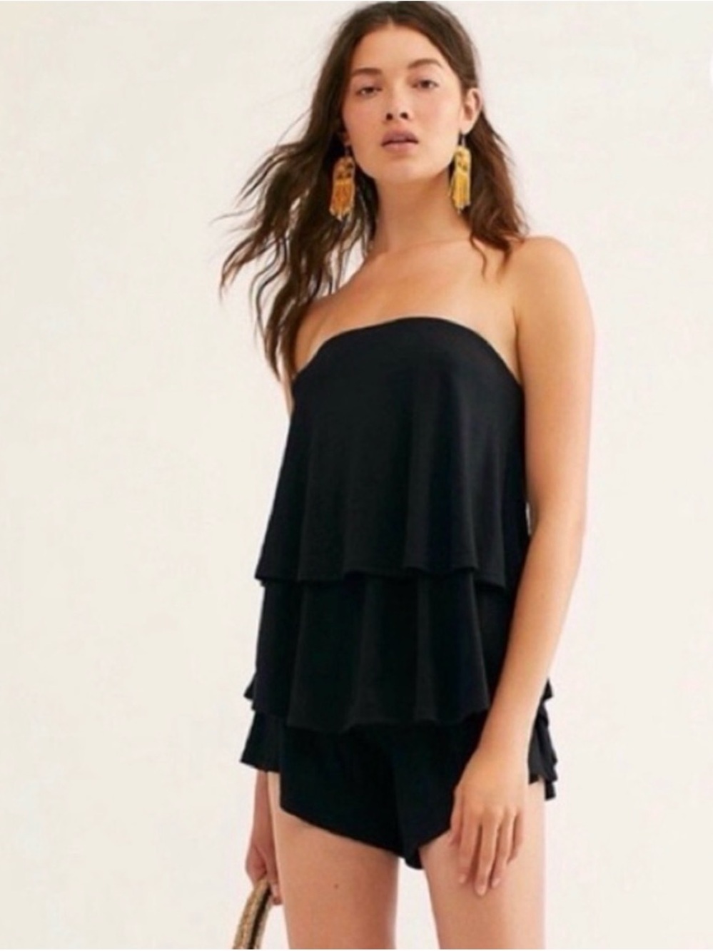 Free People Sunsational Strapless Flouncy Tiered Top and Shorts Set Black